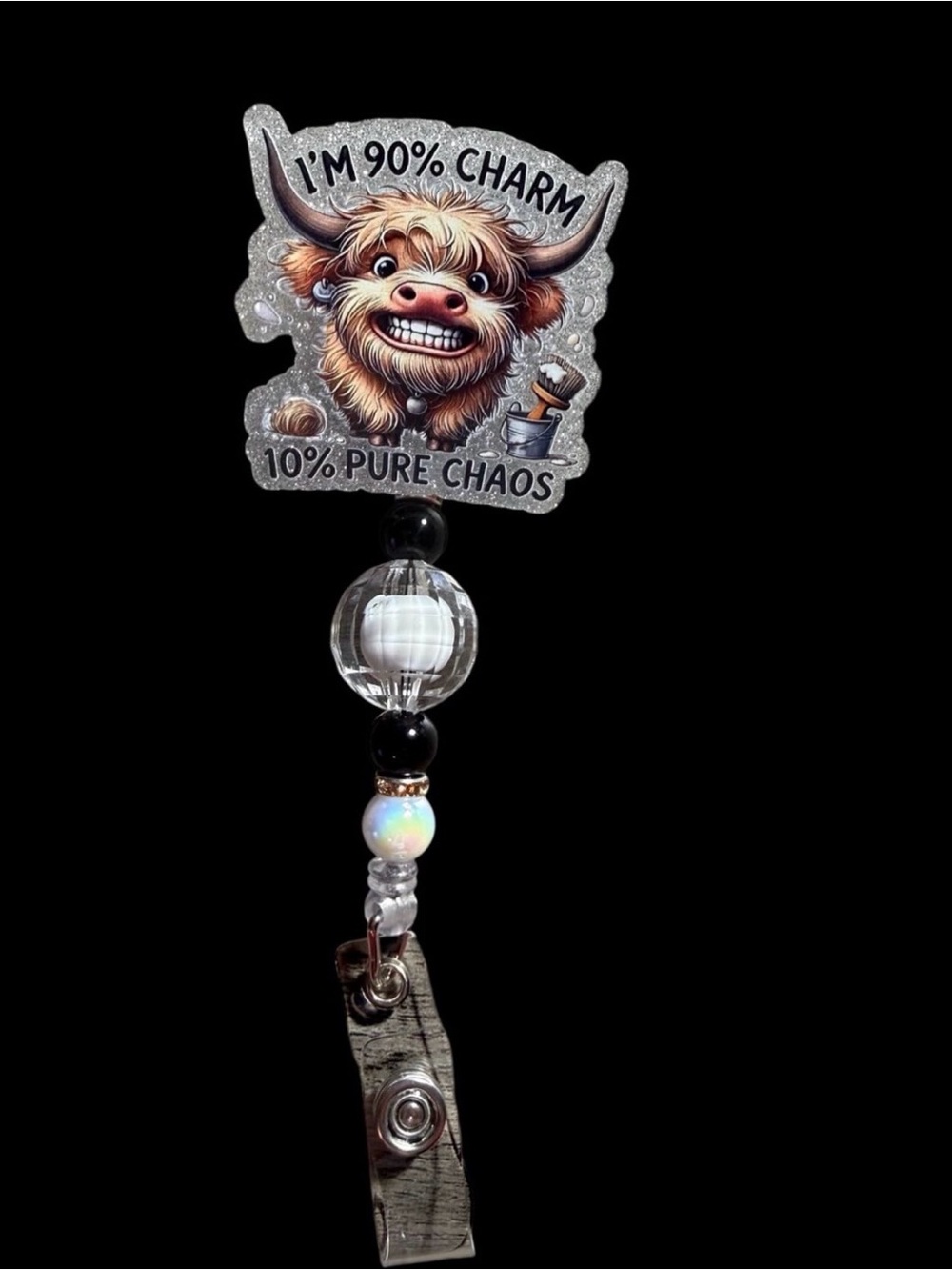 90% Charm Cow Badge Reel Key & Card Holder - Black and Silver Interchangeable